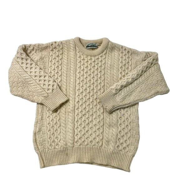 Aran Crafts 100% Wool Cable Knit Fisherman Sweater Cream White Mens Medium - Picture 1 of 8
